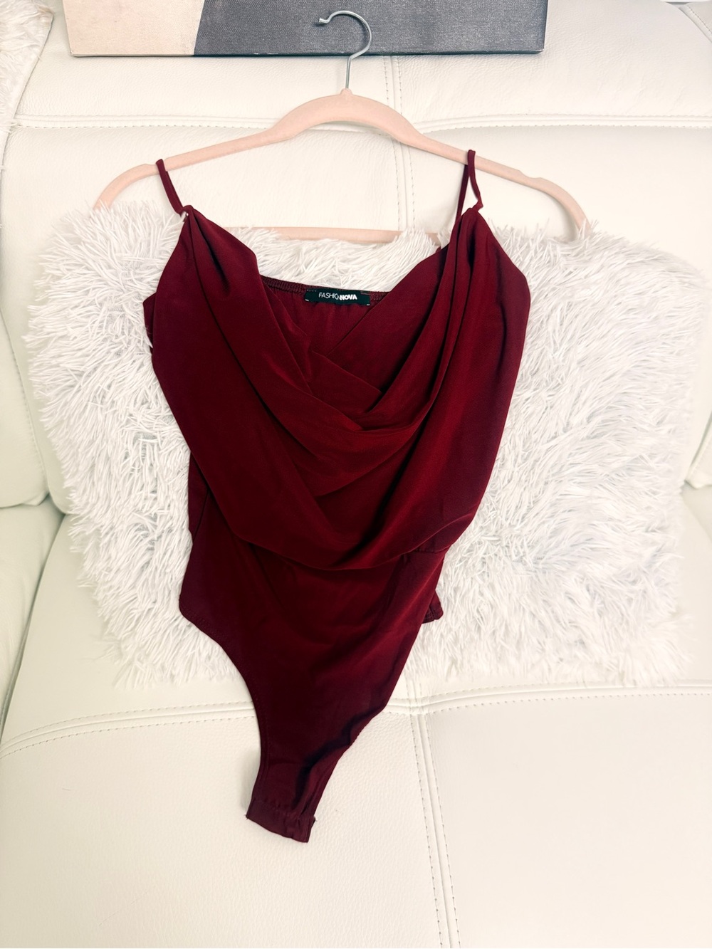 Fashion Nova Wine Red Draped Cowl Neck Bodysuit